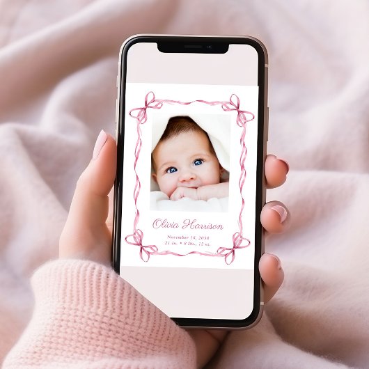 Coquette Bows Foto Baby Meisje Geboorte Aankondiging