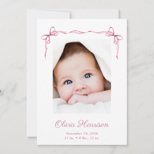 Coquette Bows Foto Baby Meisje Geboorte Aankondiging (Voorkant)