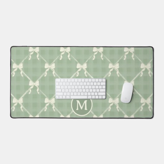 Coquette Bows Gingham Monogram Cream Sage Green  Bureaumat (Keyboard & Muis)