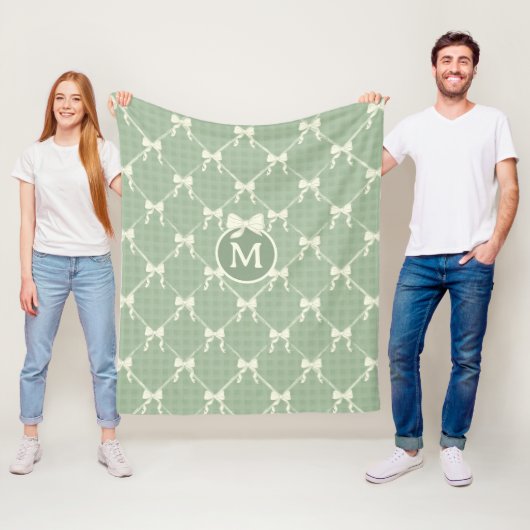 Coquette Bows Gingham Monogram Cream Sage Green Fleece Deken (In situ)