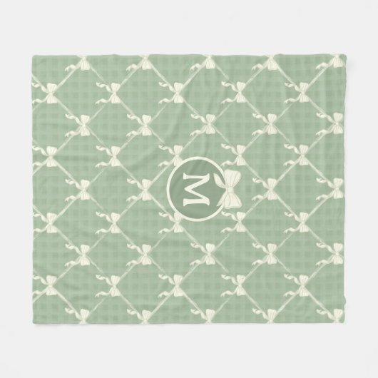 Coquette Bows Gingham Monogram Cream Sage Green Fleece Deken (Voorkant (Horizontaal))