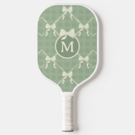 Coquette Bows Gingham Monogram Cream Sage Green  Pickleball Paddle