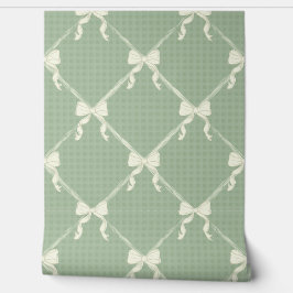 Coquette Bows Gingham Pattern Cream Sage Green  Behang
