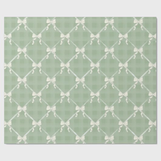 Coquette Bows Gingham Pattern Cream Sage Green  Cadeaupapier (Vlak)
