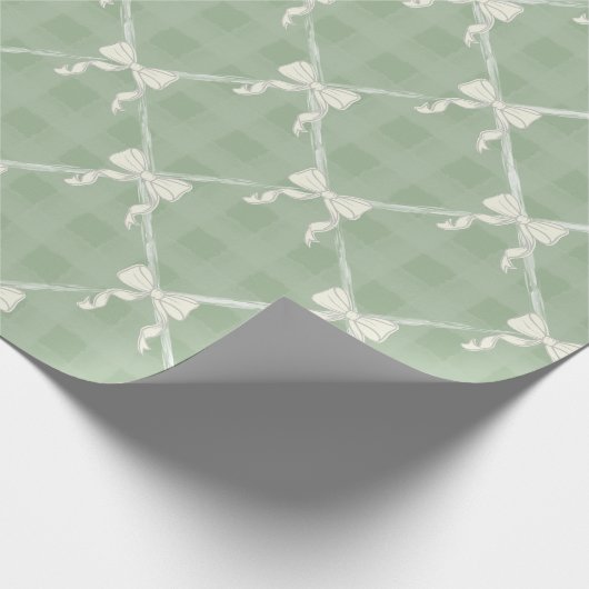Coquette Bows Gingham Pattern Cream Sage Green  Cadeaupapier (Hoek)