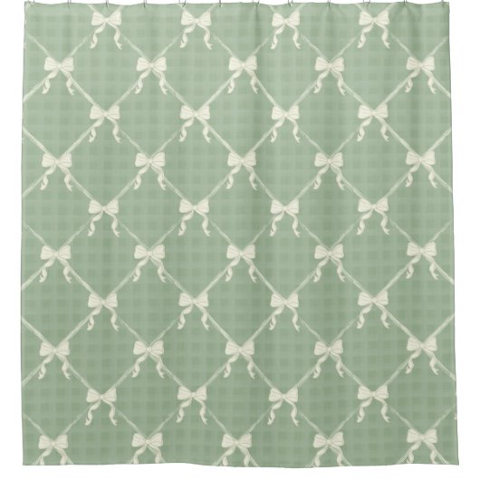 Coquette Bows Gingham Pattern Cream Sage Green  Douchegordijn (Voorkant)