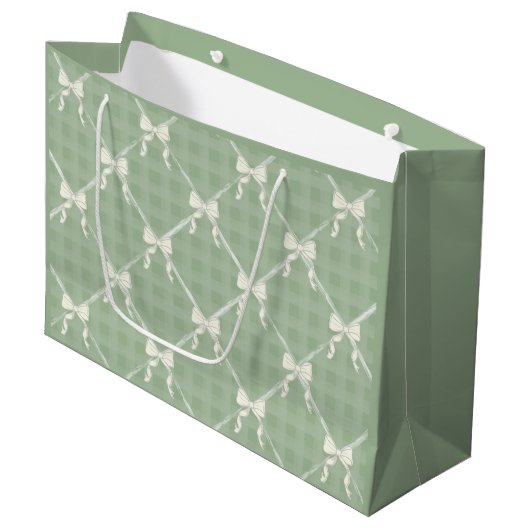 Coquette Bows Gingham Pattern Cream Sage Green  Groot Cadeauzakje (Voorkant Gekanteld)