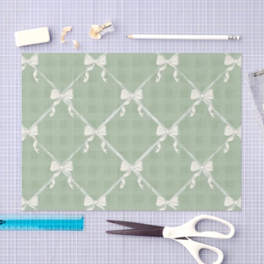 Coquette Bows Gingham Pattern Cream Sage Green  Tissuepapier (Craft)