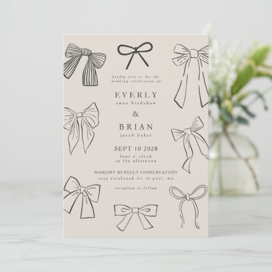 Coquette Bows Houtskool Huwelijksuitnodiging Kaart (Staand voorkant)
