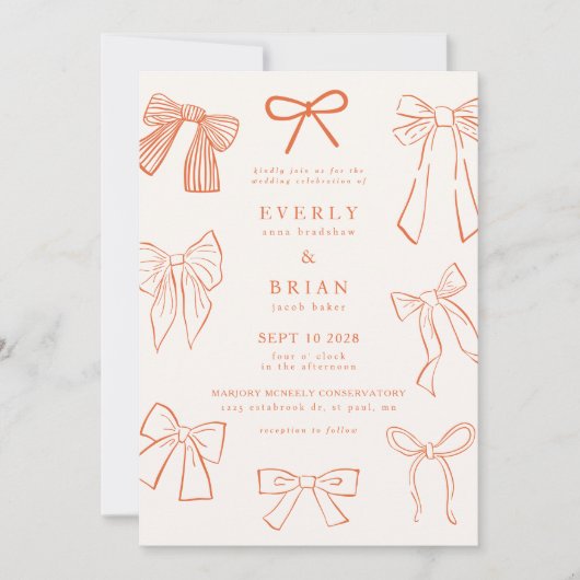 Coquette Bows Oranje bruiloft uitnodiging (Voorkant)