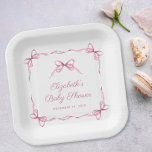 Coquette Bows Roze Baby Meisje Douche Papieren Bordje<br><div class="desc">Schattigee baby meisje douche papier borden met een roze rand van delicate waterverf linten en coquette bogen,  het mengen van een minimale esthetiek met een vleugje  charme. De woorden "Baby shower" en de naam van de aanstaande moeder worden getoond in een elegant roze script.</div>