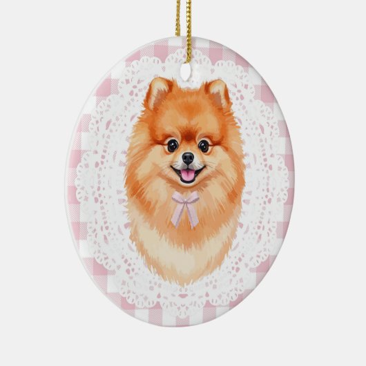 Coquette Brown Pomeranian Dog Pink Gingham Bows Keramisch Ornament (Rechts)
