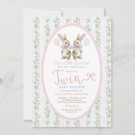 Coquette Bunny Balloon Boy Girl Twin Baby shower Kaart (Voorkant)