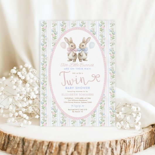 Coquette Bunny Balloon Boy Girl Twin Baby shower Kaart