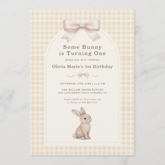 Coquette Bunny Gingham 1st Birthday Kaart (Voorkant)