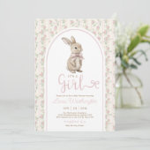 Coquette Bunny Pink Bow Roses Girl Baby Shower Kaart (Staand voorkant)