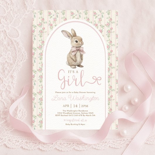 Coquette Bunny Pink Bow Roses Girl Baby Shower Kaart