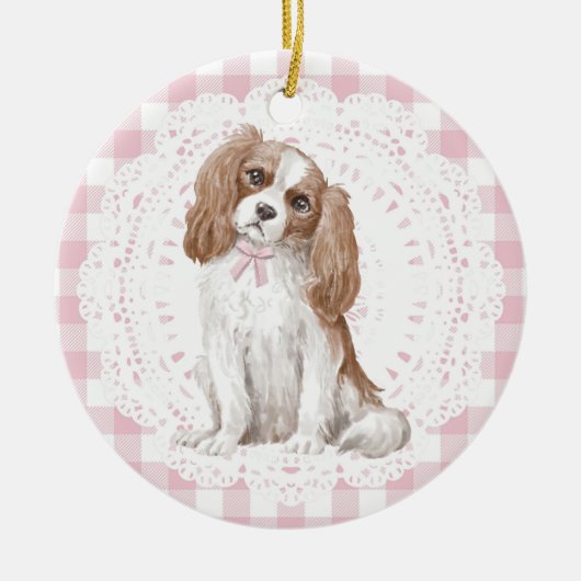 Coquette Cavalier King Charles Roze Gingham Strikj Keramisch Ornament (Voorkant)