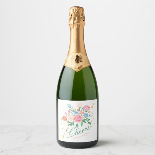 Coquette Charm Bloemenschildering Bruiloft Sparkling Wijnetiket (Voorkant)
