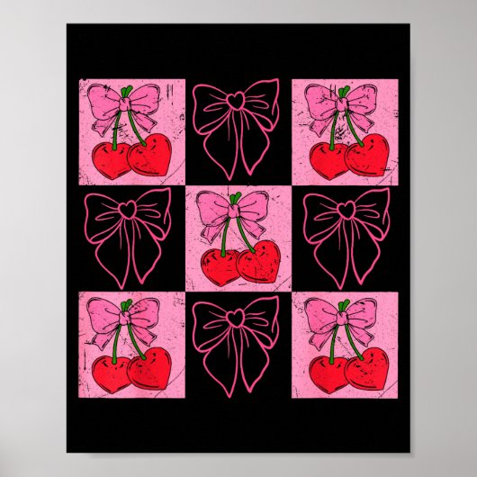 Coquette Checkred Pink Bow And Red Cherries Valent Poster (Voorkant)