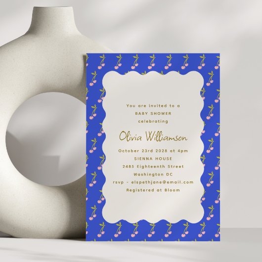 Coquette Cherries Bright Blue Cherry Baby shower Kaart