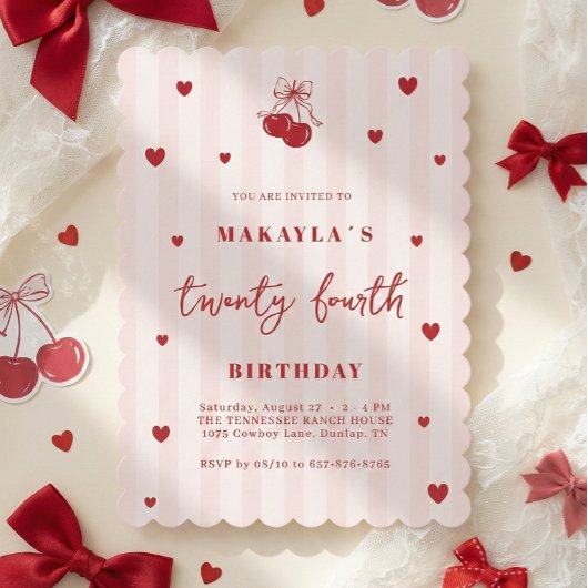 Coquette Cherry 24th Heart Aesthetic Birthday Kaart