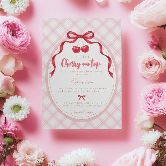 Coquette Cherry Baby Shower Uitnodiging