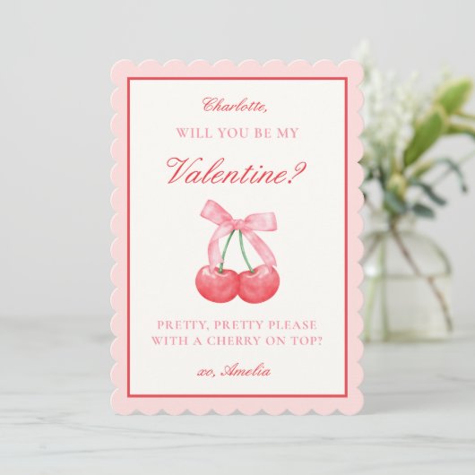 Coquette Cherry & Bow Valentijns of Galentines Day Feestdagenkaart (Staand voorkant)