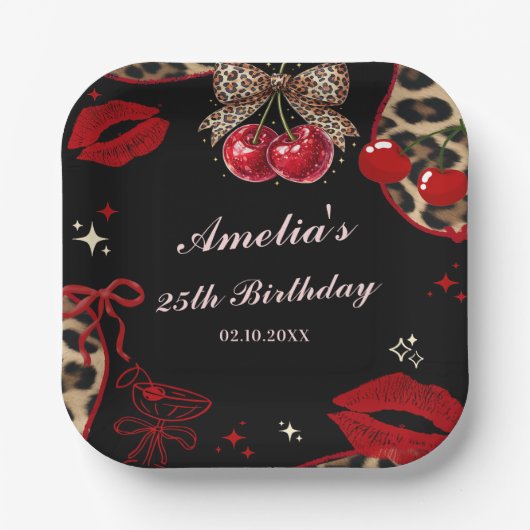 Coquette Cherry Cheetah Birthday Party Papieren Bordje (Voorkant)