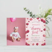 Coquette Cherry eerste verjaardag foto uitnodiging (Staand voorkant)