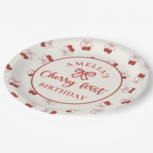 Coquette Cherry Eerste Verjaardag Papier Borden Papieren Bordje (Gekanteld)