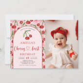 Coquette Cherry Eerste Verjaardag Red Cherry Verja Kaart (Voorkant)