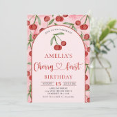 Coquette Cherry Eerste Verjaardag Red Cherry Verja Kaart (Staand voorkant)