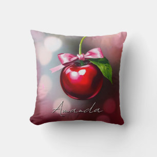 Coquette Cherry met roze strik en blad Kussen