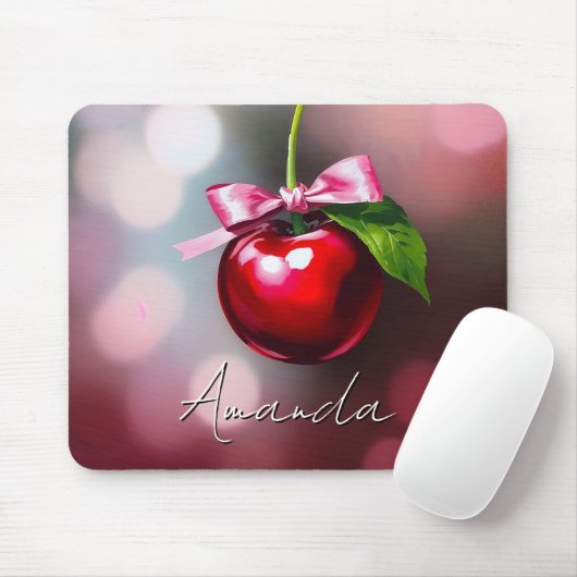 Coquette Cherry met roze strik en blad Muismat (Met muis)