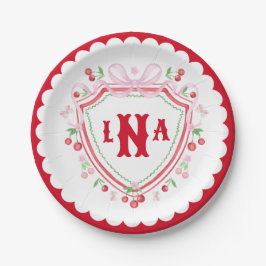 Coquette Cherry Monogram Crest Bruiloftsborrel Papieren Bordje