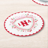Coquette Cherry Monogram Crest Bruiloftsfeestje Ronde Kartonnen Onderzetter (Gebogen)