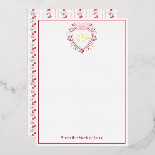 Coquette Cherry Monogram Crest Vrijgezellenfeest Folie Uitnodiging (Voorkant / Achterkant)