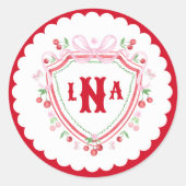 Coquette Cherry Monogram Wapen Bruidsborrel Ronde Sticker (Voorkant)