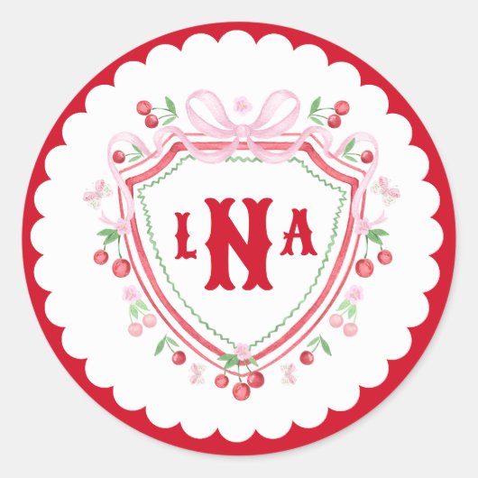 Coquette Cherry Monogram Wapen Bruidsborrel Ronde Sticker (Voorkant)