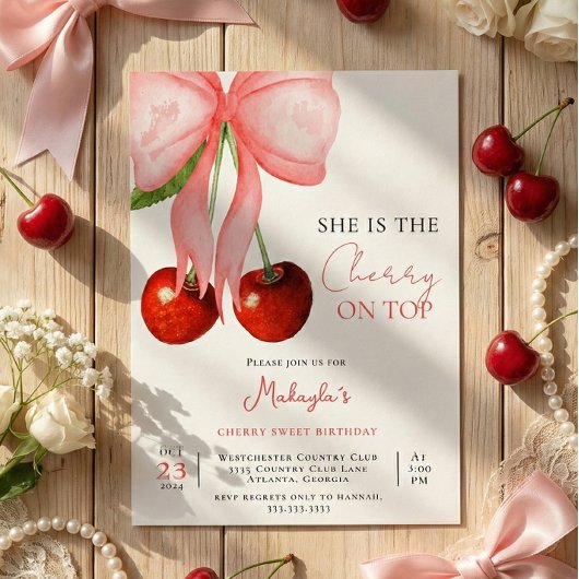 Coquette Cherry on Top Girl Birthday Invitation Kaart