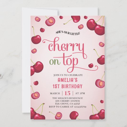 Coquette Cherry op de top 1e verjaardag uitnodigin Kaart (Voorkant)