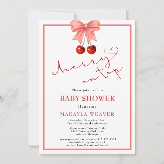 Coquette Cherry op Top Baby Meisje Douche Uitnodig Kaart (Voorkant)