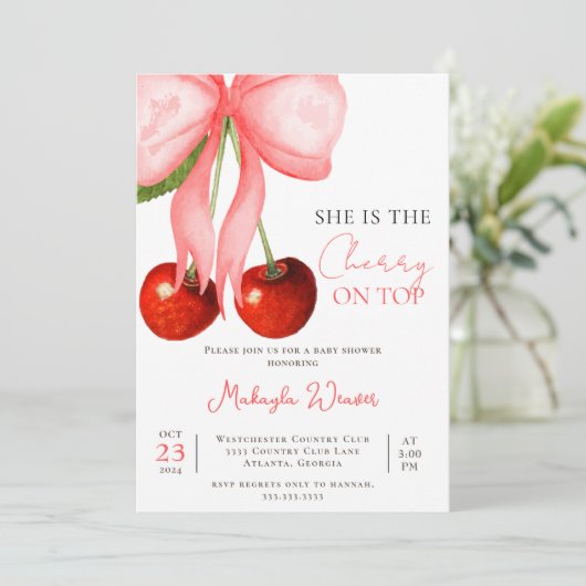 Coquette Cherry op Top Baby Meisje Douche Uitnodig Kaart (Staand voorkant)