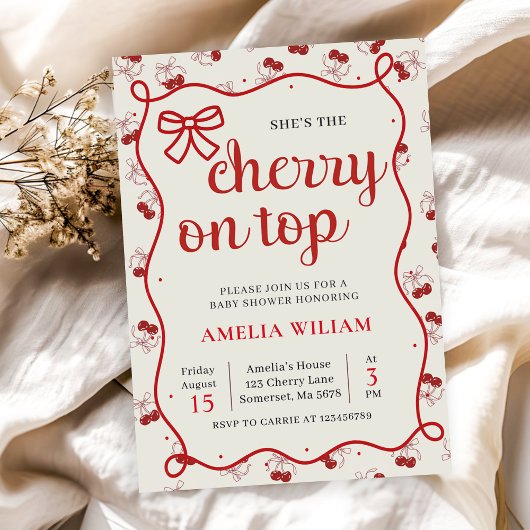 Coquette Cherry op Top Baby shower Invitation Kaart
