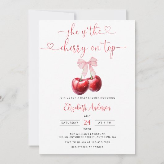 Coquette Cherry op Top Bow Baby shower Kaart (Voorkant)