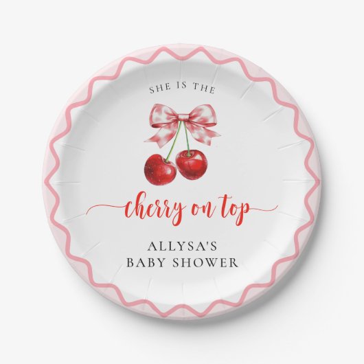 Coquette Cherry Op Top Wavy Cherry Baby shower Papieren Bordje (Voorkant)