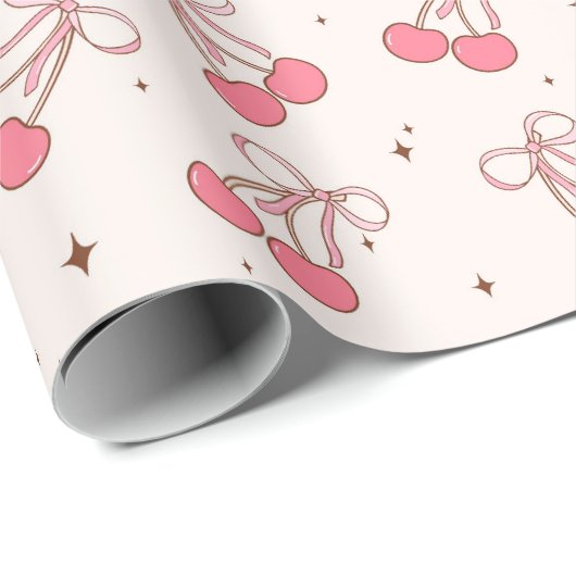 Coquette Cherry Pink Bow Girly Wrapping Paper Roll Cadeaupapier (Rol Hoek)