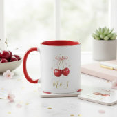 Coquette Cherry Pink Bow Mug Personalized Initials Mok