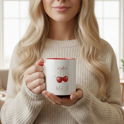 Coquette Cherry Pink Bow Mug Personalized Initials Mok